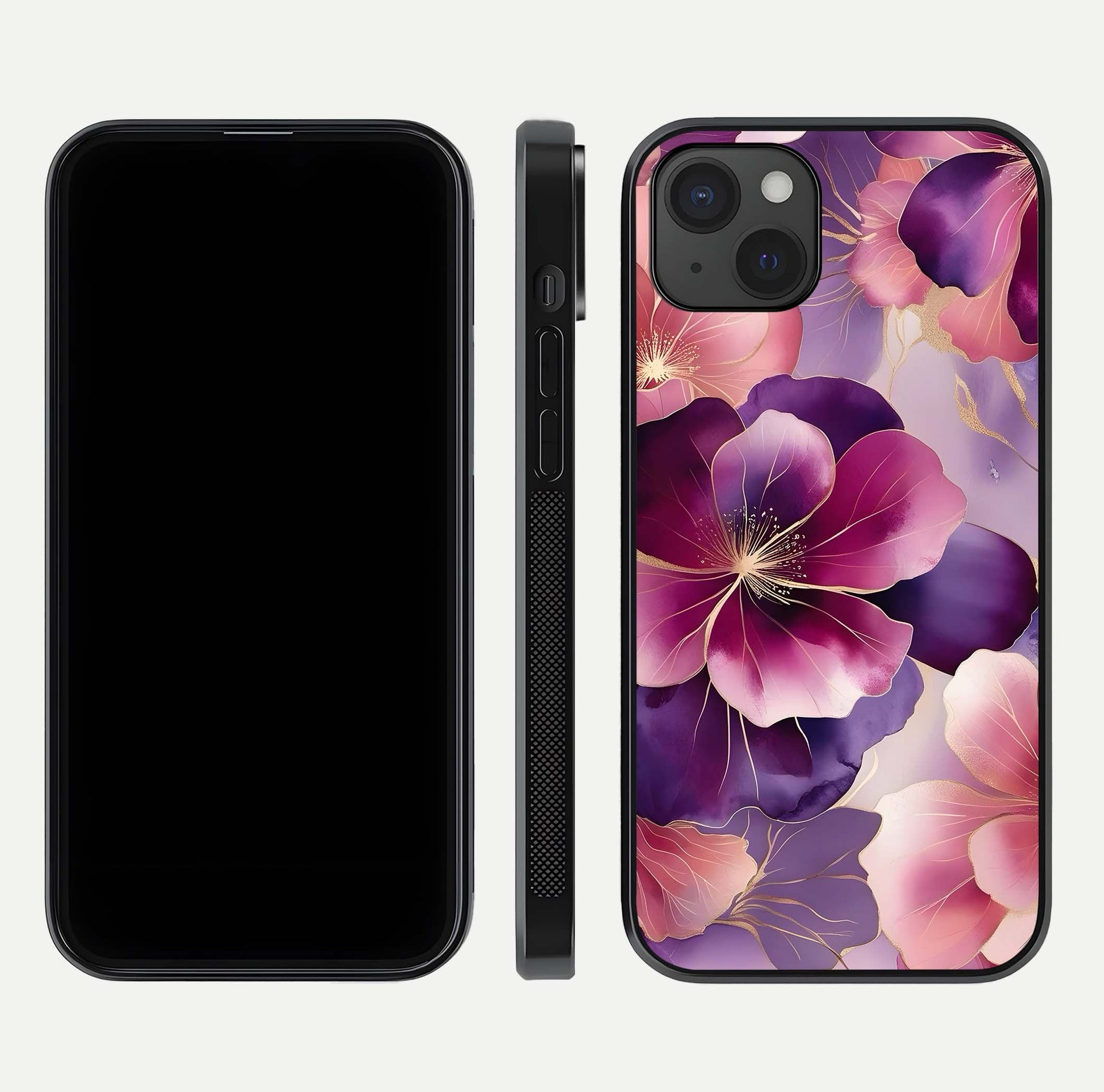 Pink Bouquet Florals Glass Case for iPhone 15 Plus front & back layout highlighting vivid petals and smooth edges