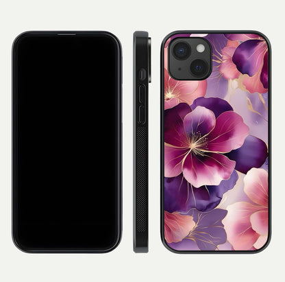 Pink Bouquet Florals Glass Case for iPhone 15 Plus front & back layout highlighting vivid petals and smooth edges