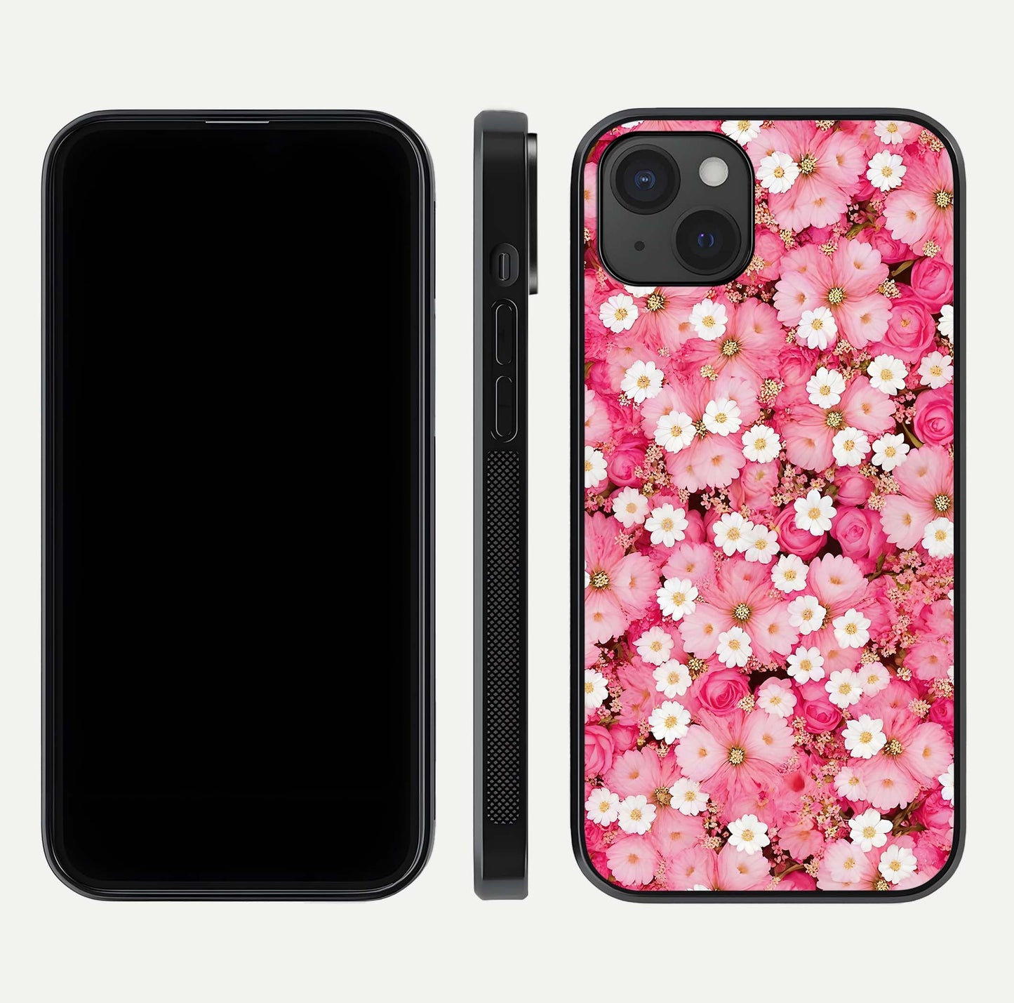 Pink Daisy Bliss Glass Case for iPhone 15 Plus front & back layout showing HD floral tones and edge finish