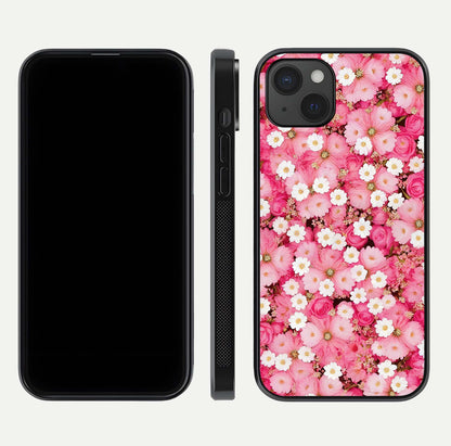 Pink Daisy Bliss Glass Case for iPhone 15 Plus front & back layout showing HD floral tones and edge finish