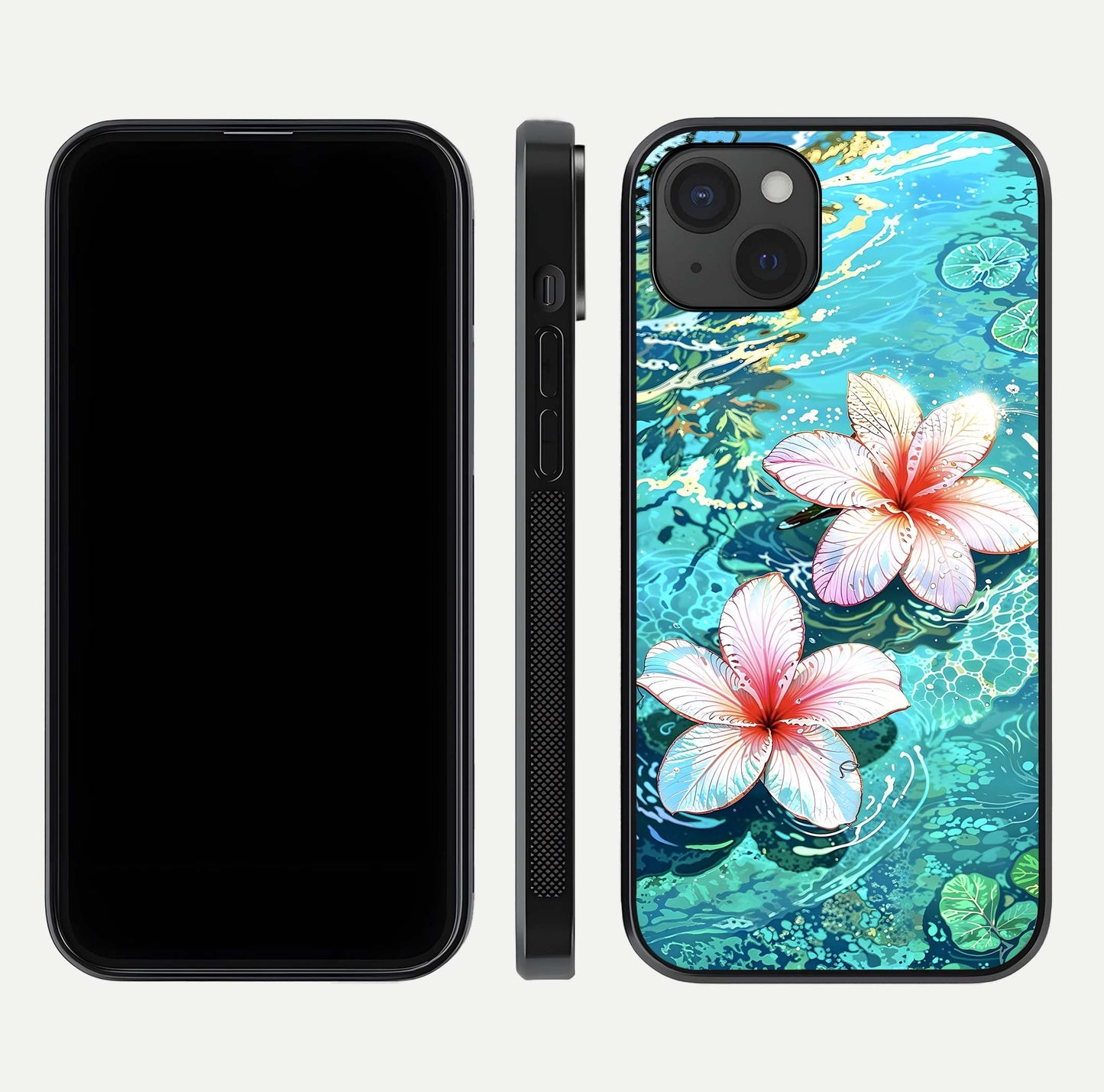 Pink Flowers in Water Glass Case for iPhone 15 Plus front & back layout showing elegant pastel floral tones