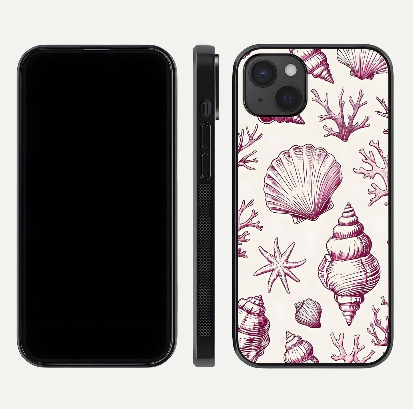 Pink Shells Outline Glass Case for iPhone 15 Plus front & back layout showing soft pastel tones and edge design