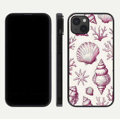 Pink Shells Outline Glass Case for iPhone 15 Plus front & back layout showing soft pastel tones and edge design