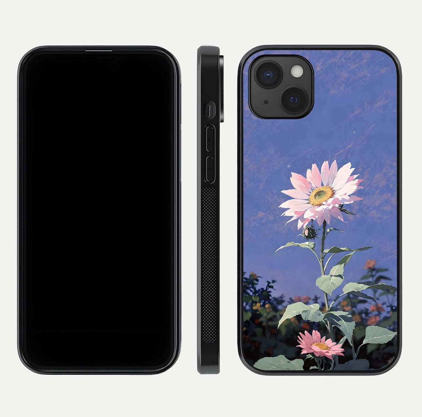 Pink Sunflower Glow Glass Case for iPhone 15 Plus front & back layout showing HD tones and bright finish