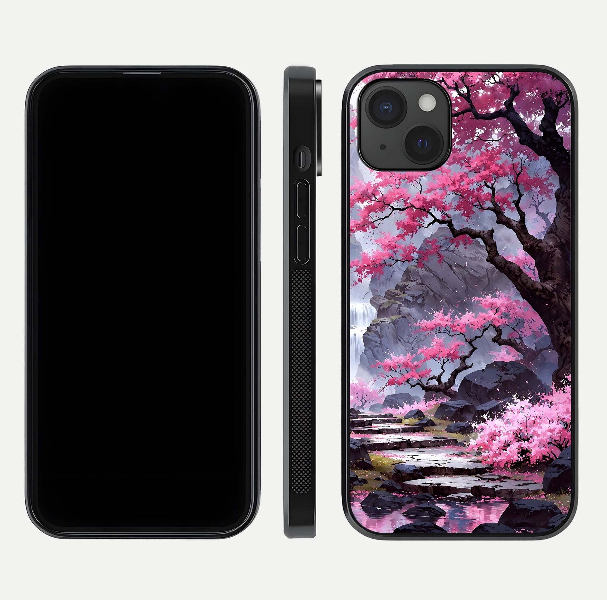 Pinkish Scenery Glass Case for iPhone 15 Plus front & back layout showing landscape art and curved edge finish