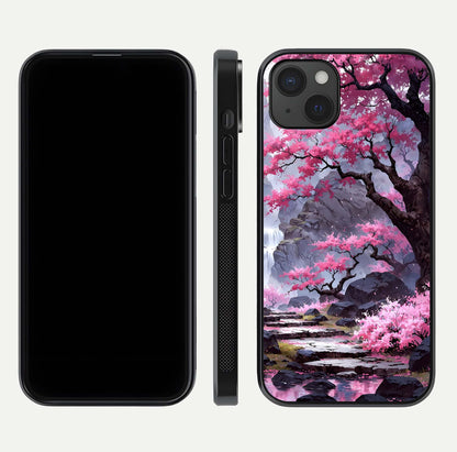 Pinkish Scenery Glass Case for iPhone 15 Plus front & back layout showing landscape art and curved edge finish