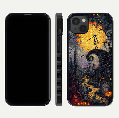 Pumpkin Moon Night Glass Case for iPhone 15 Plus front & back layout highlighting festive tones and smooth edges