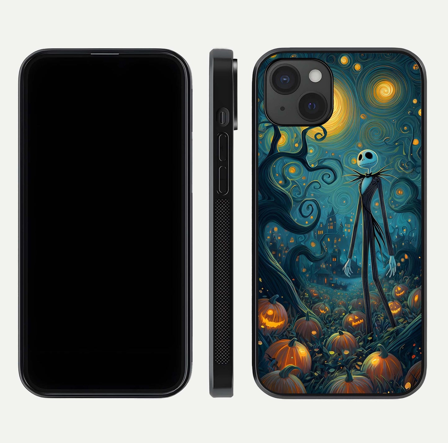 Pumpkin Moonlight Tale Glass Case for iPhone 15 Plus front & back layout showing festive orange tone and edges