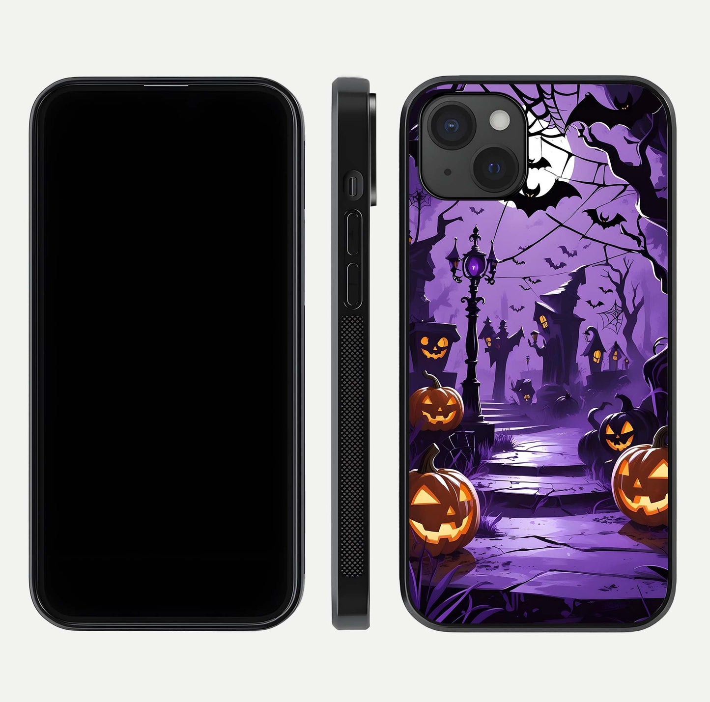 Pumpkin Patch Halloween Glass Case for iPhone 15 Plus front & back layout showing festive Halloween print
