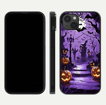 Pumpkin Patch Halloween Glass Case for iPhone 15 Plus front & back layout showing festive Halloween print
