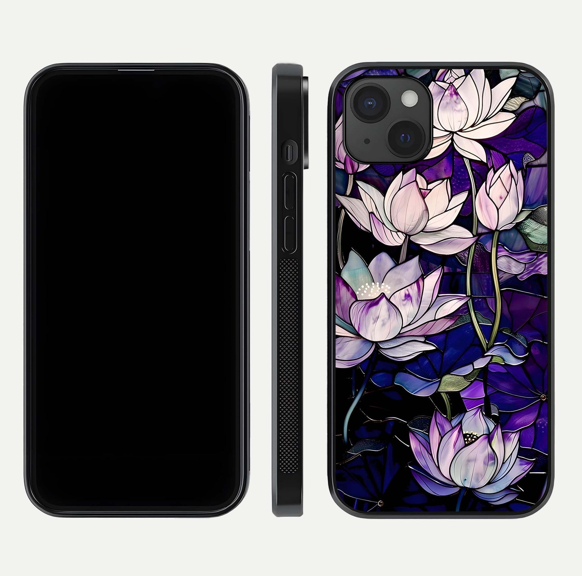 Purple Lotus Pattern Glass Case for iPhone 15 Plus front & back layout highlighting floral tones and soft edges