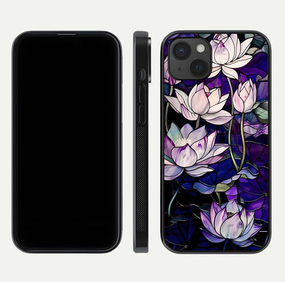 Purple Lotus Pattern Glass Case for iPhone 15 Plus front & back layout highlighting floral tones and soft edges