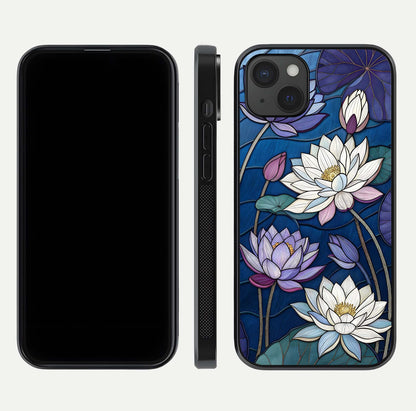 Purple Lotus Stained Glass Case for iPhone 15 Plus front & back layout showing bright tones and smooth edge finish