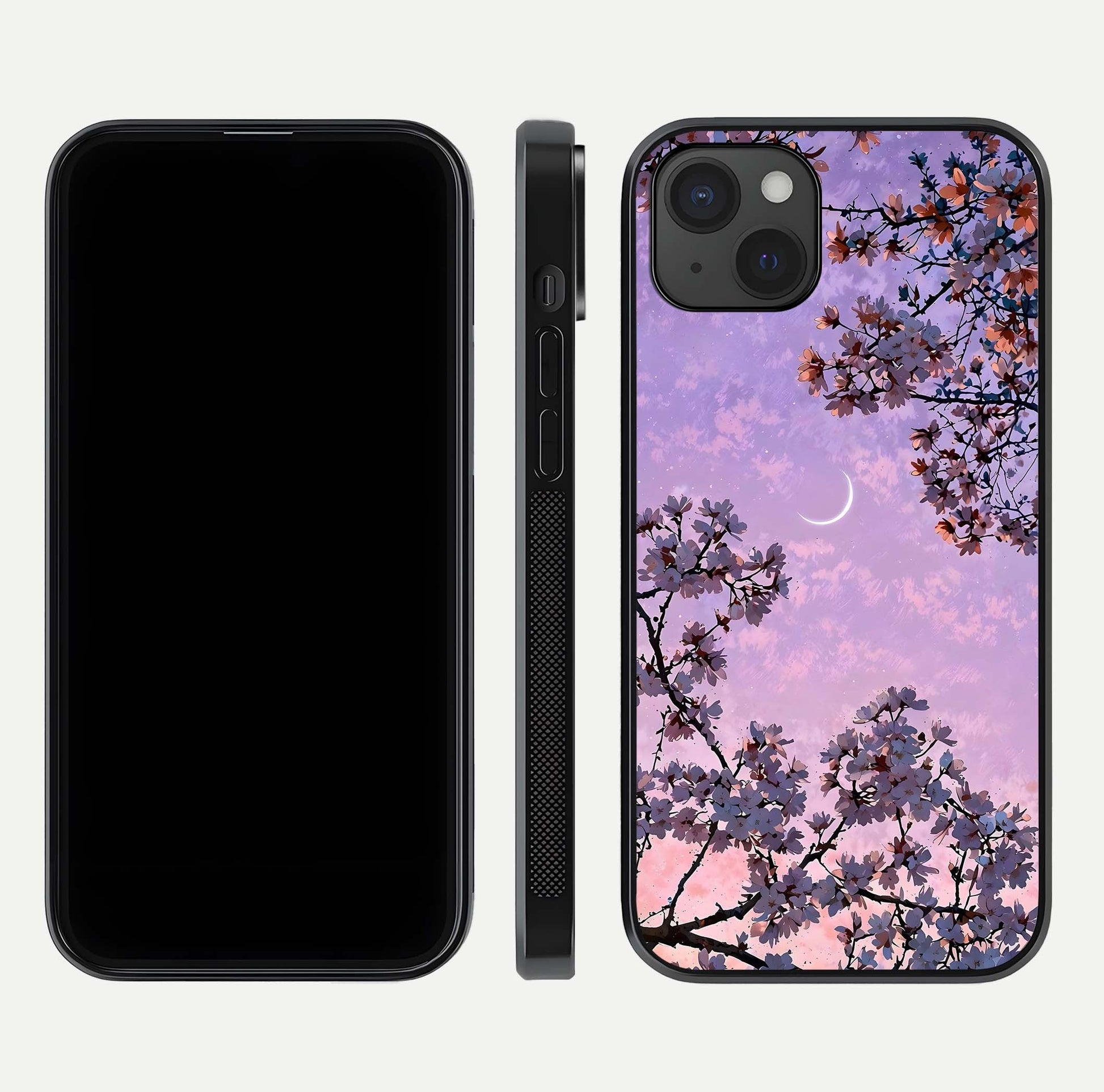 Purple Serenity Moon Glass Case for iPhone 15 Plus front & back layout highlighting celestial tones and curves