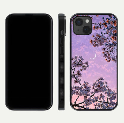 Purple Serenity Moon Glass Case for iPhone 15 Plus front & back layout highlighting celestial tones and curves