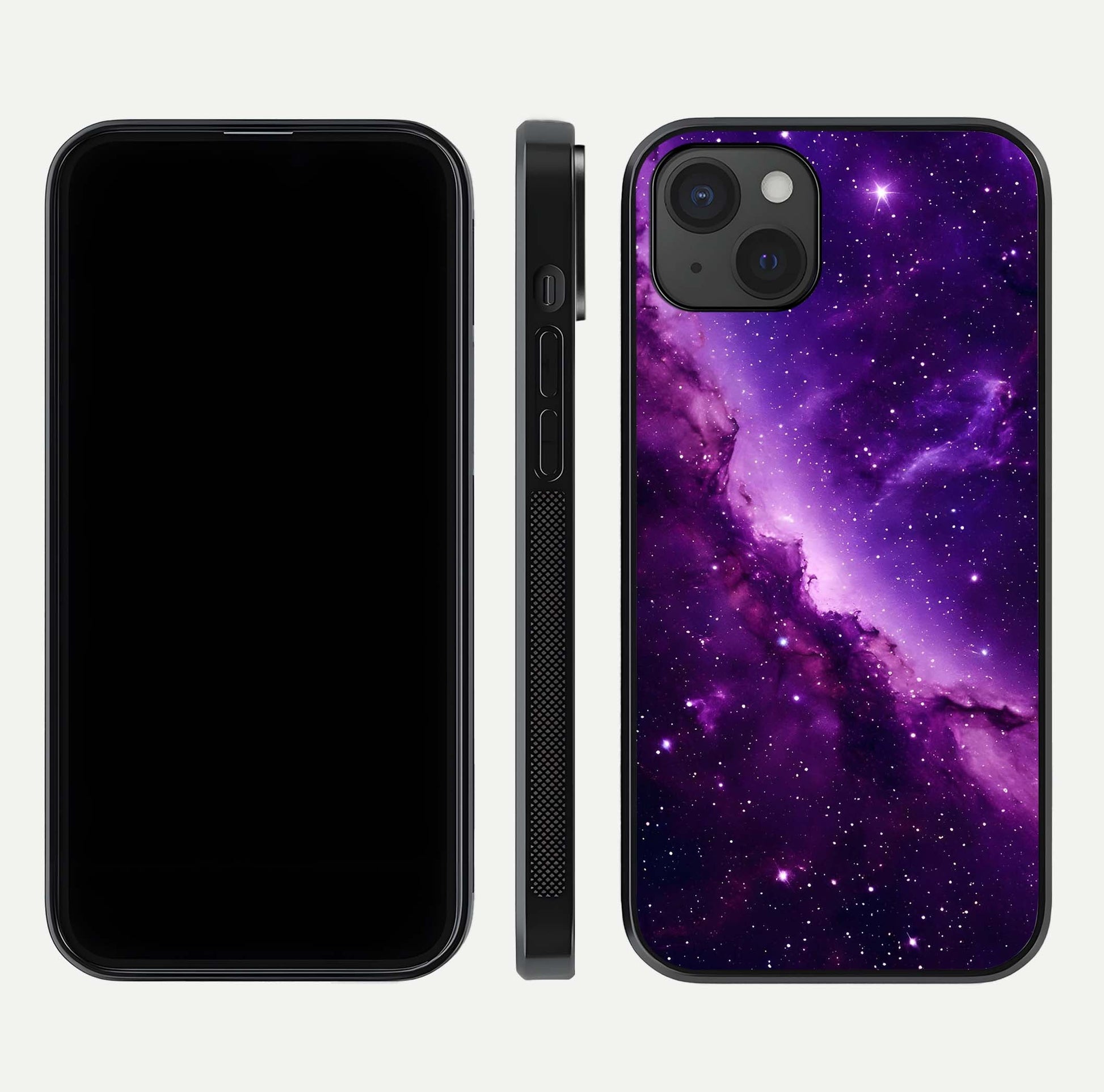 Purple Shade Sky Glass Case for iPhone 15 Plus front & back layout showing HD tones and clean glass edges
