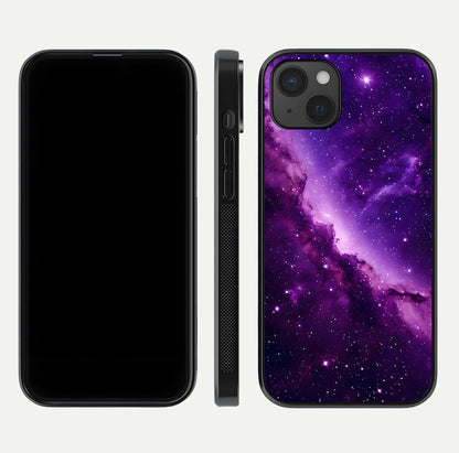 Purple Shade Sky Glass Case for iPhone 15 Plus front & back layout showing HD tones and clean glass edges