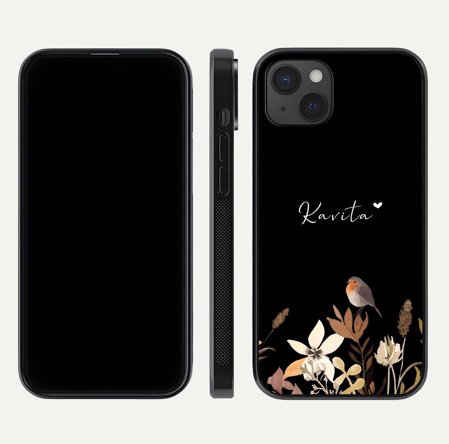 Quiet Garden Tune Custom Name Glass Case for iPhone 15 Plus front & back layout highlighting name area and edges