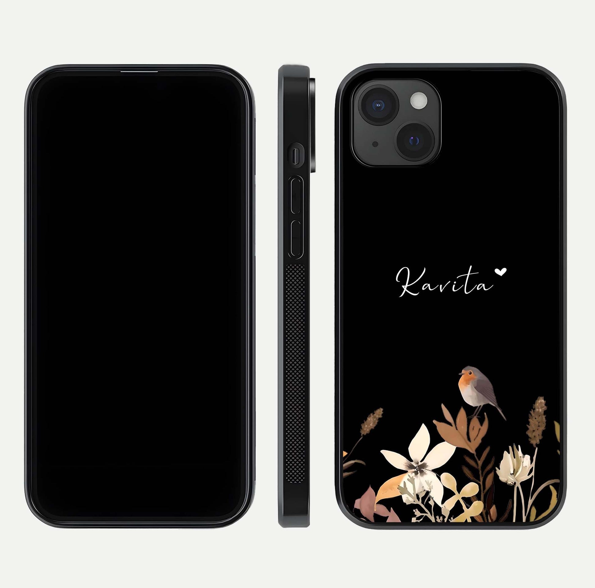 Quiet Garden Tune Custom Name Glass Case for iPhone 15 Plus front & back layout highlighting name area and edges