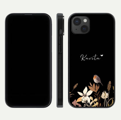 Quiet Garden Tune Custom Name Glass Case for iPhone 15 Plus front & back layout highlighting name area and edges