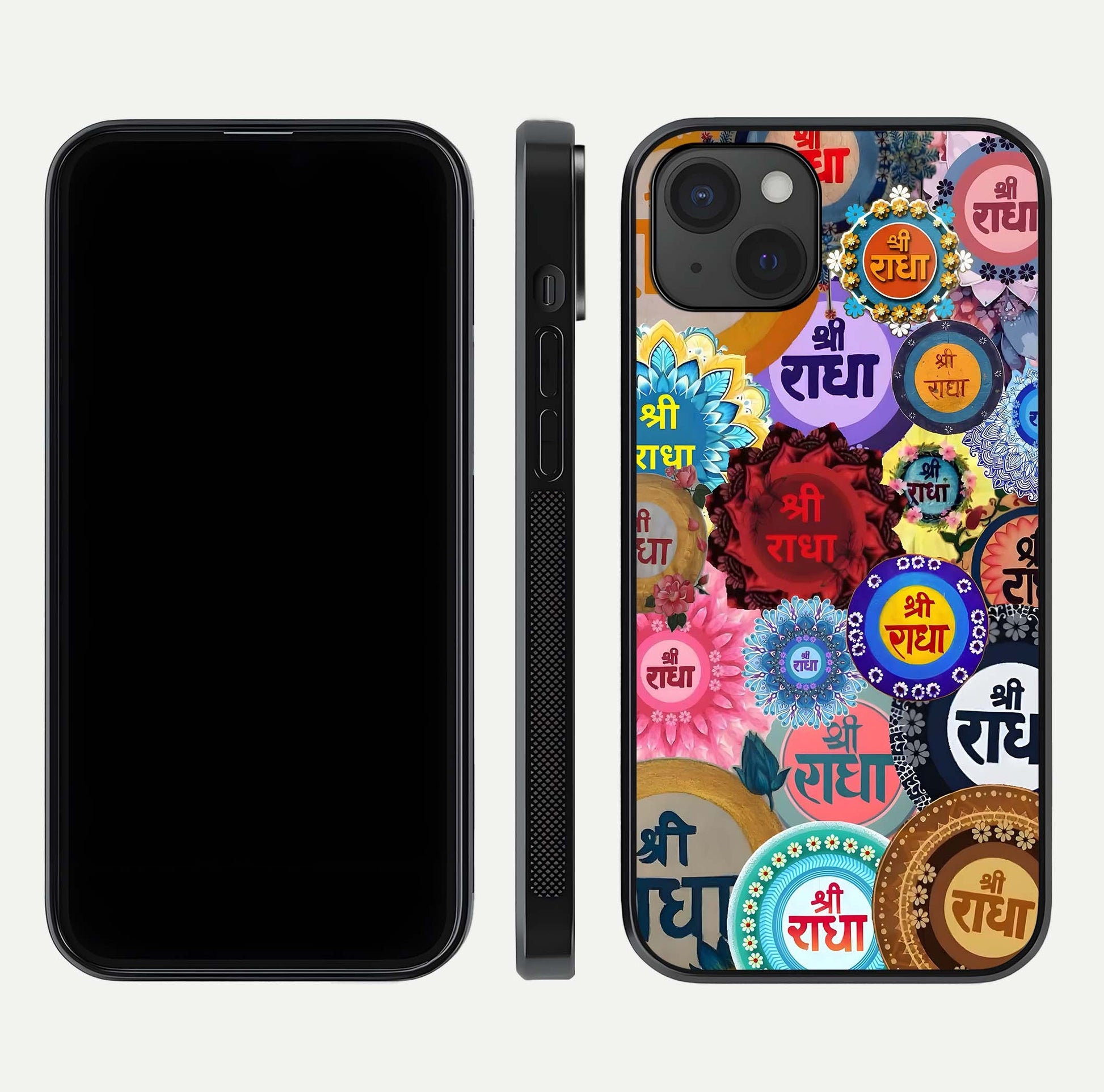 Radha Divine Bloom Glass Case for iPhone 15 Plus front & back layout showing spiritual tones and elegant edges