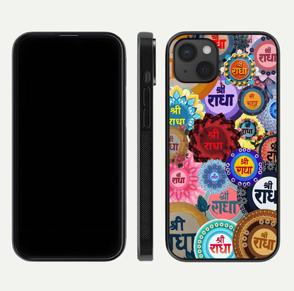 Radha Divine Bloom Glass Case for iPhone 15 Plus front & back layout showing spiritual tones and elegant edges