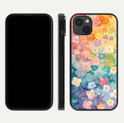 Rainbow Blossom Burst Glass Case for iPhone 15 Plus front & back layout showing bright tones and edge finish