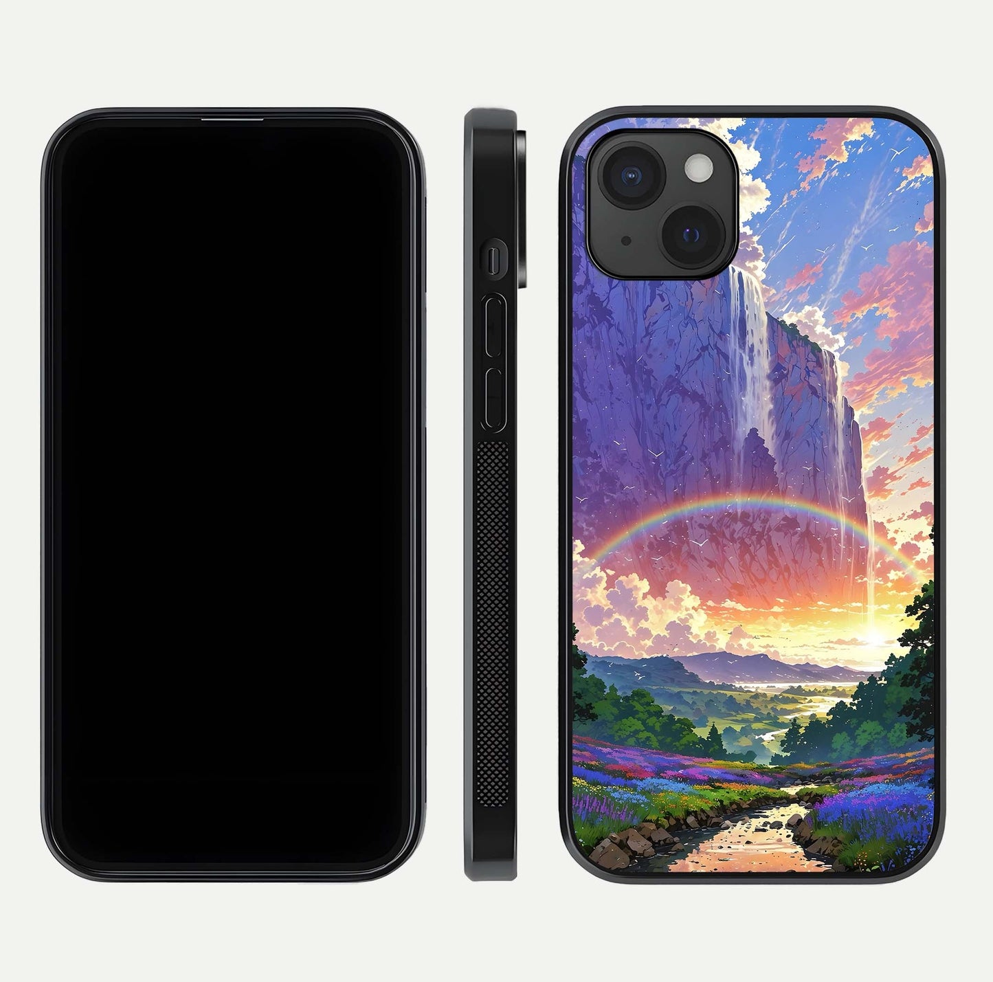 Rainbow Valley Dream Glass Case for iPhone 15 Plus front & back layout showing smooth color blend and curved edge