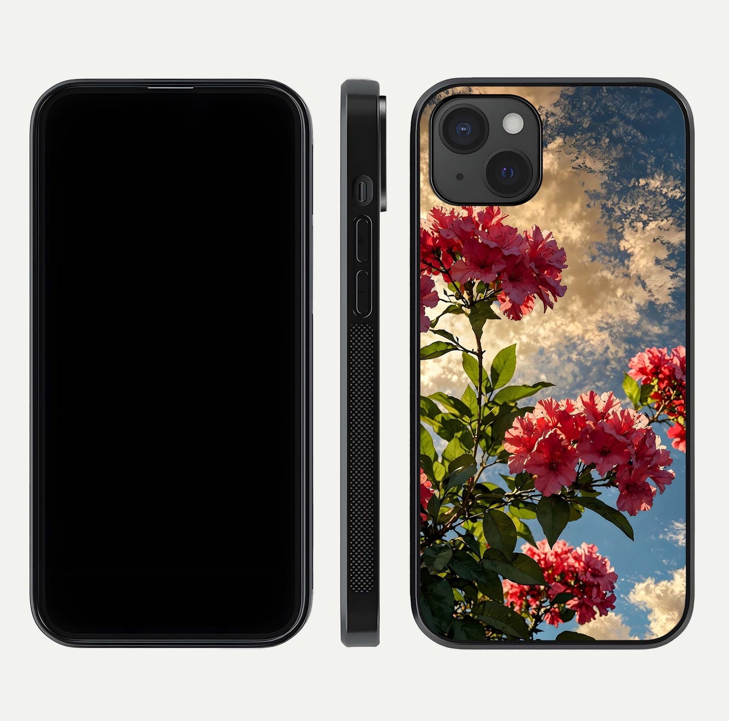 Red Bloom Skies Glass Case for iPhone 15 Plus front & back layout showing soft gradient sky tones and edges