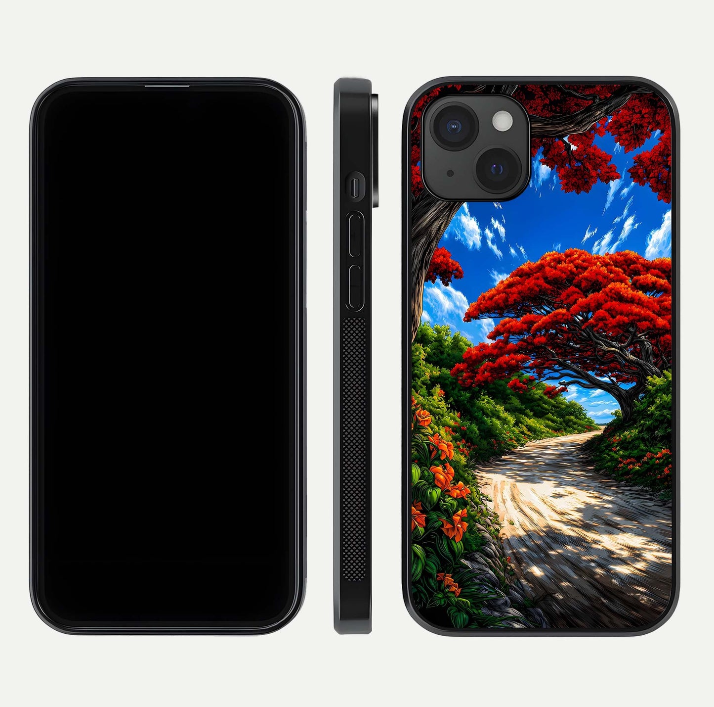 Red Trees Pathway Glass Case for iPhone 15 Plus front & back layout showing scenic tone blend and edges