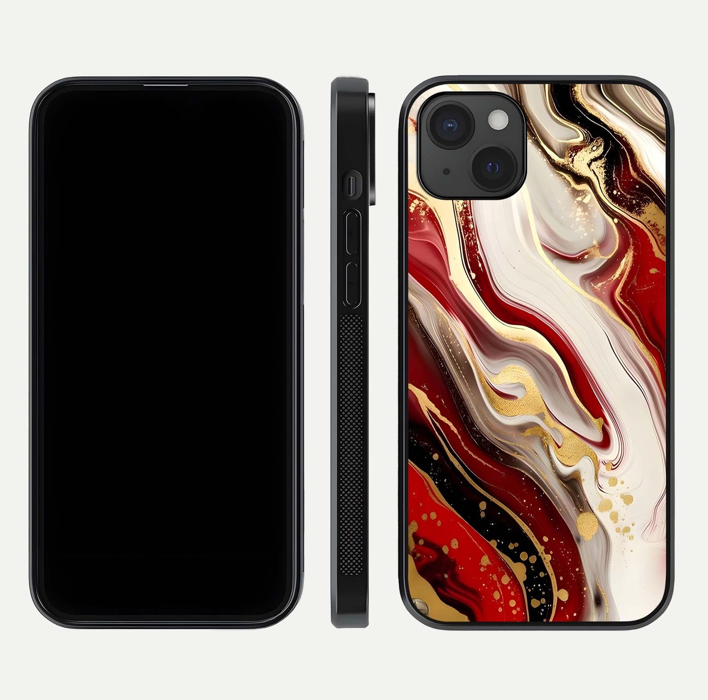 Red & White Marble Glass Case for iPhone 15 Plus front & back layout showing rich contrast and clean glass edges