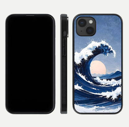 Rising Tide Power Glass Case for iPhone 15 Plus front & back layout showing ocean design and smooth glass edge