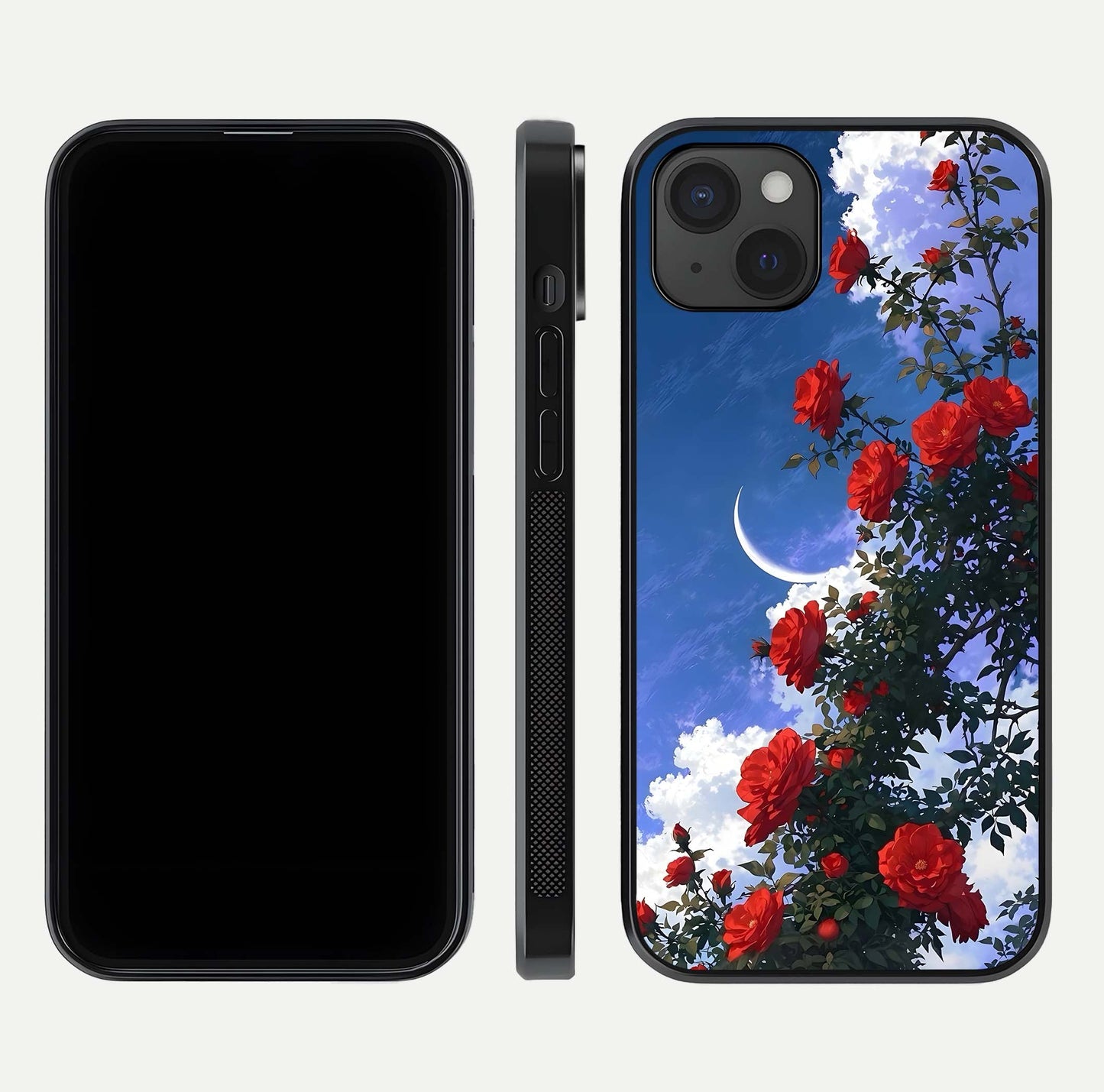 Rose Drift Flowers Glass Case for iPhone 15 Plus front & back layout showing rose gradient tones and edges