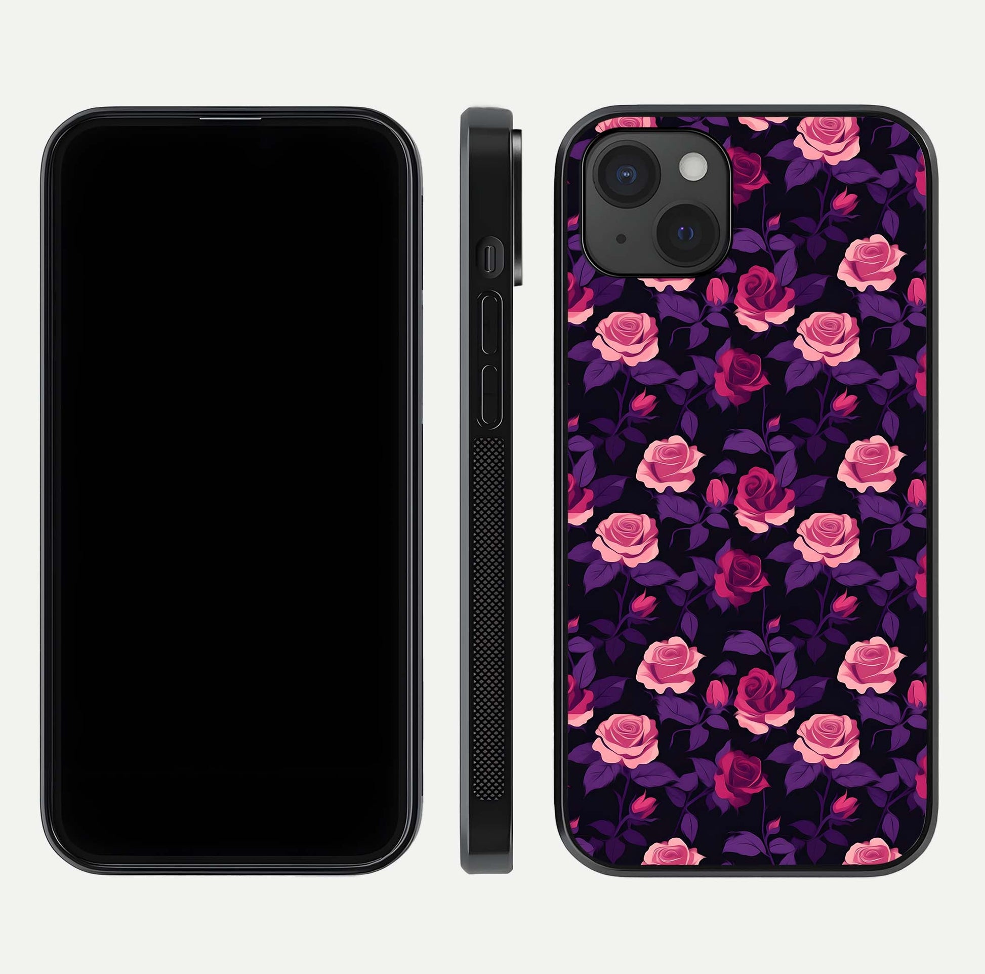 Rose Garden Twilight Glass Case for iPhone 15 Plus front & back layout showing rich twilight tones and edges