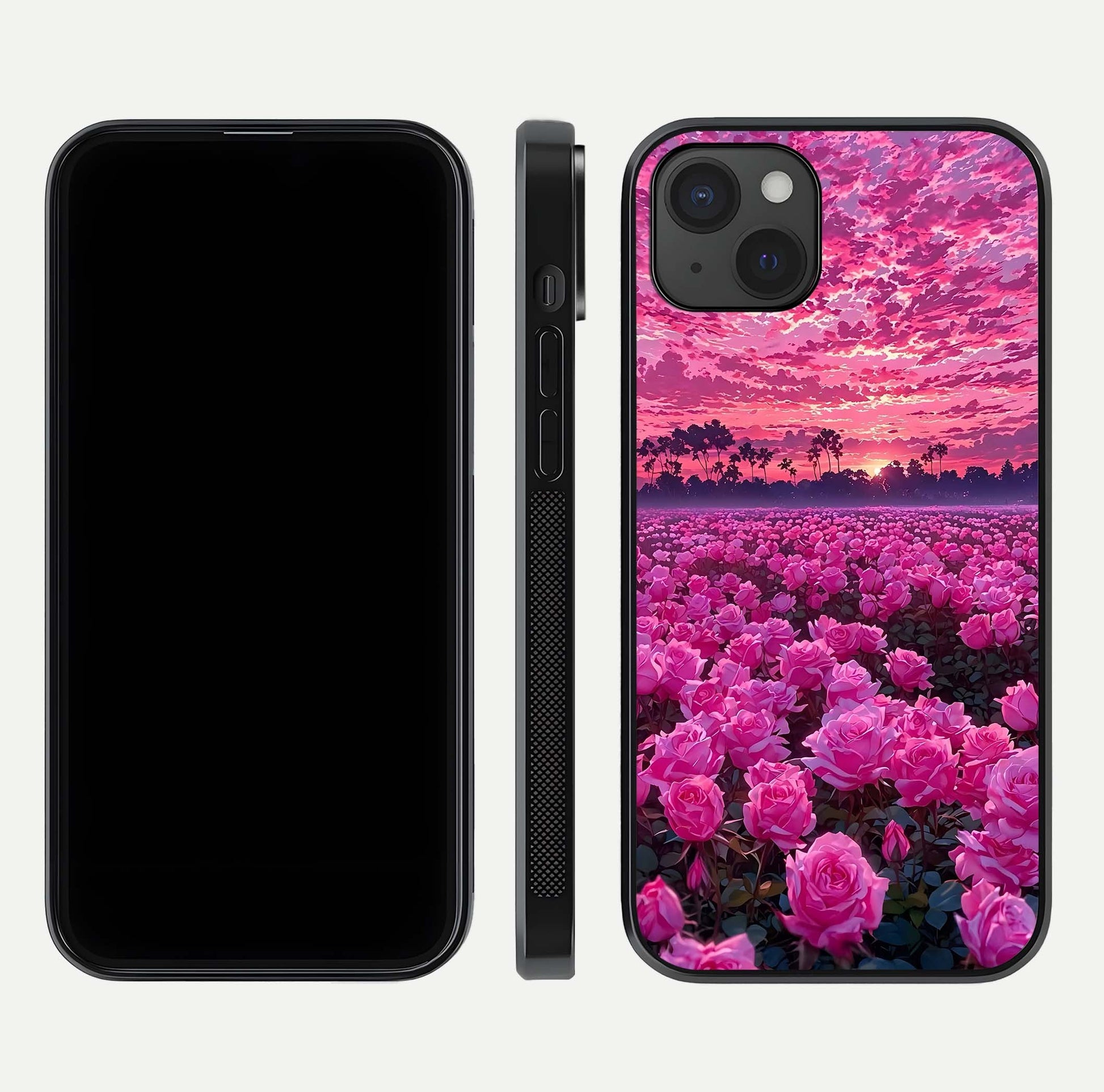 Rose Sunset Valley Glass Case for iPhone 15 Plus front & back layout highlighting gradient tones and glass shine