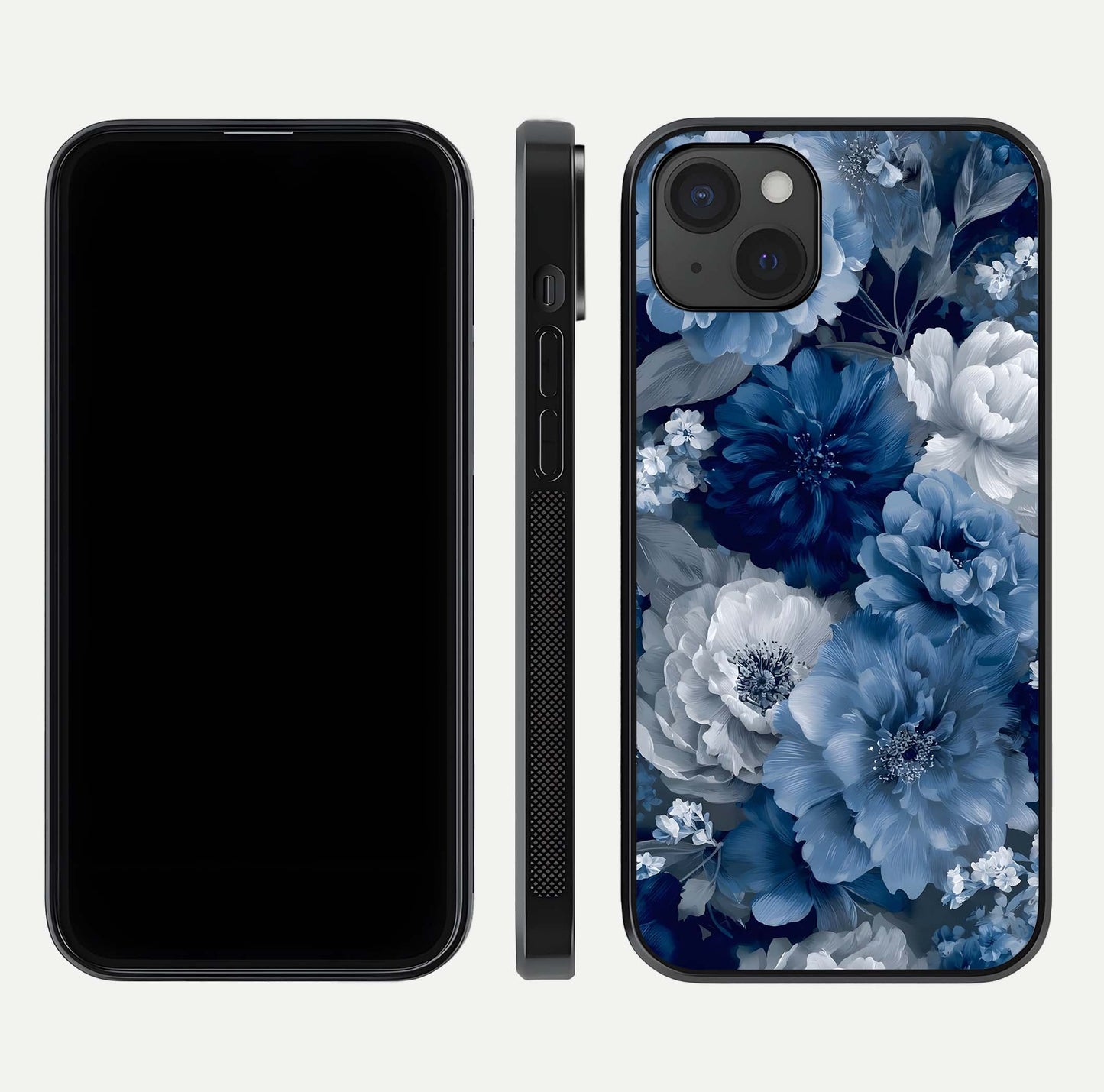 Royal Bloom Garden Glass Case for iPhone 15 Plus front & back layout showing soft tones and curved glass design