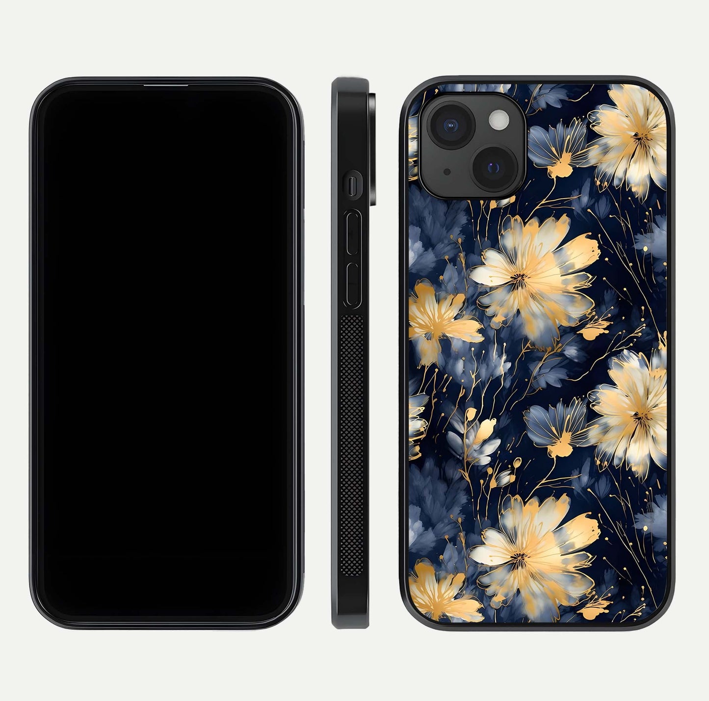 Royal Petal Dream Glass Case for iPhone 15 Plus front & back layout showing floral pattern and clean edge finish