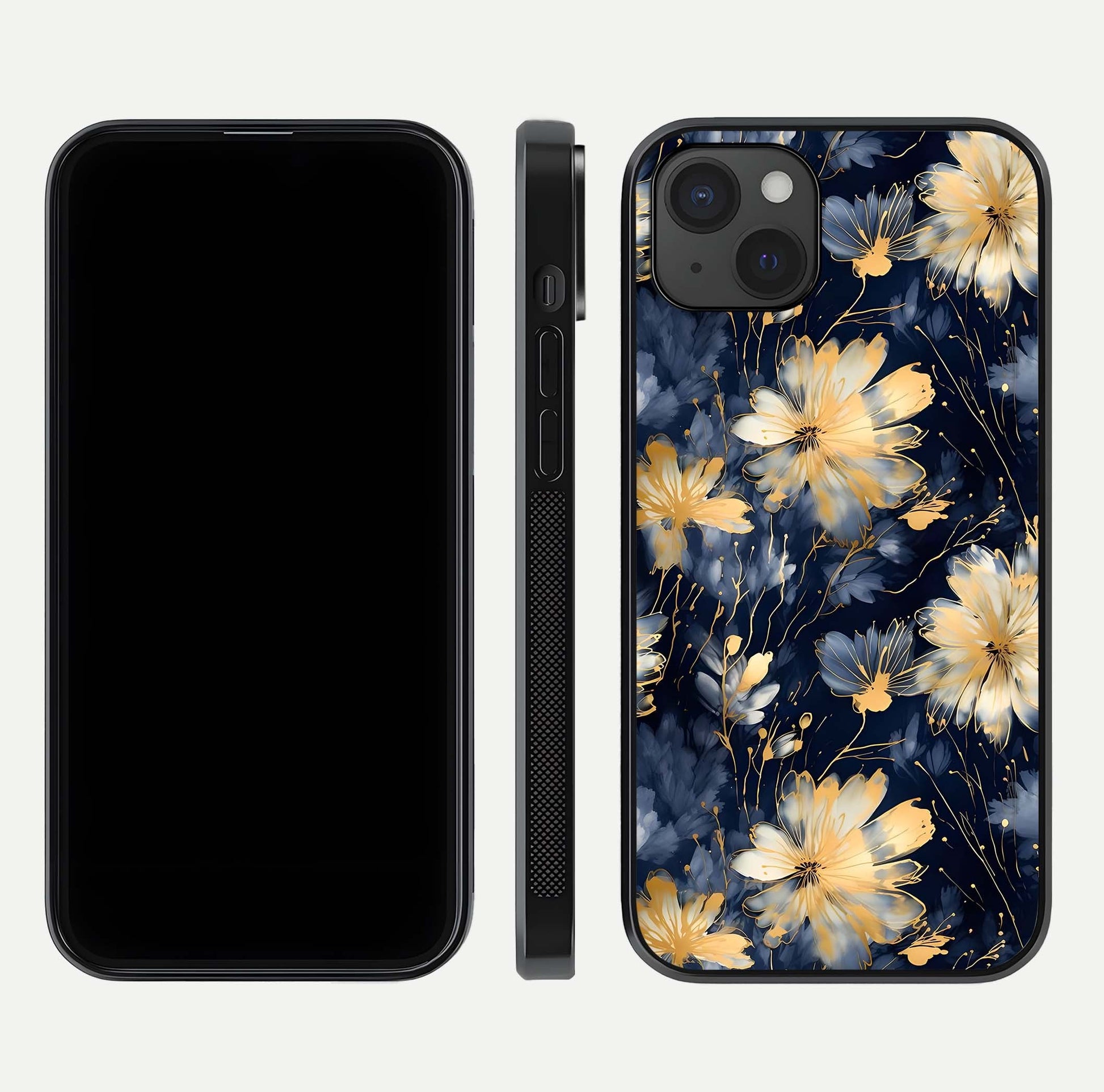 Royal Petal Dream Glass Case for iPhone 15 Plus front & back layout showing floral pattern and clean edge finish