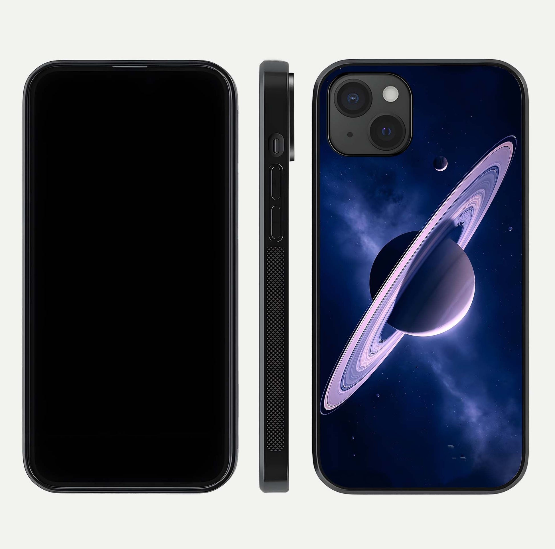 Saturn Ring Mystique Glass Case for iPhone 15 Plus front & back layout showing cosmic tones and edge glow