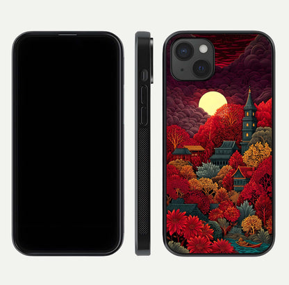 Scarlet Autumn Temple Glass Case for iPhone 15 Plus front & back layout showing scenic tones and curved edges