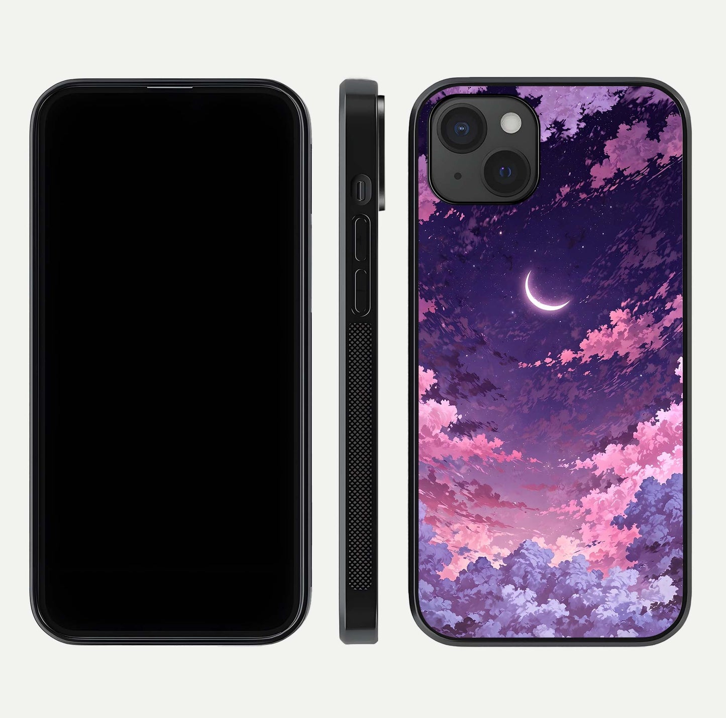 Sky Drift Clouds Glass Case for iPhone 15 Plus front & back layout showing sky tones and smooth edge design