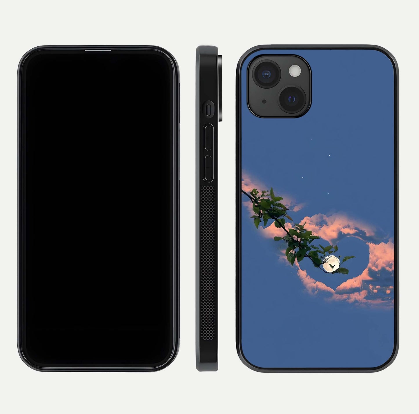 Sky Under Tree Glass Case for iPhone 15 Plus front & back layout showing sky tones and curved glass edge