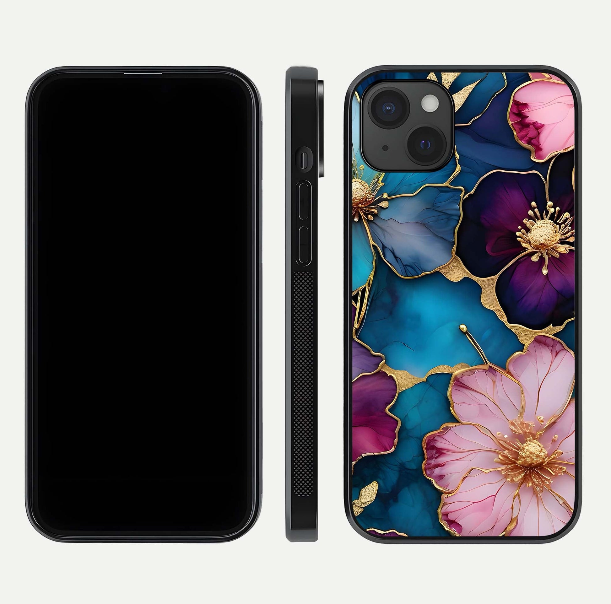 Sparkle Floral Glass Case for iPhone 15 Plus front & back layout showing floral print and edge clarity