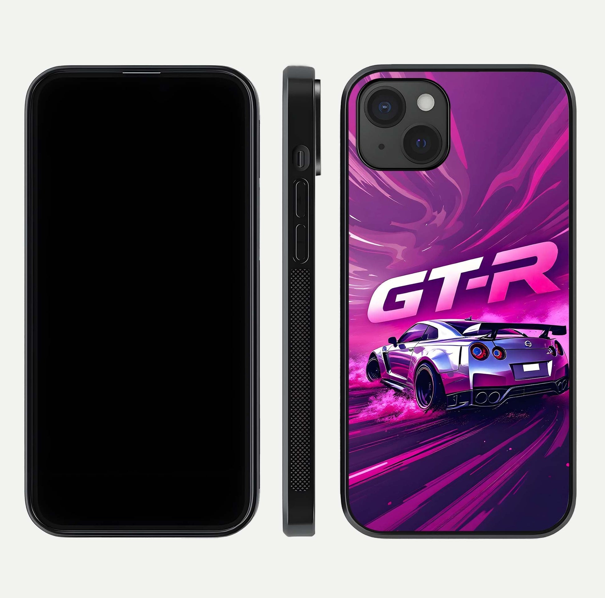 Speed Drift Legend Glass Case for iPhone 15 Plus front & back layout showing bold tones and smooth edges
