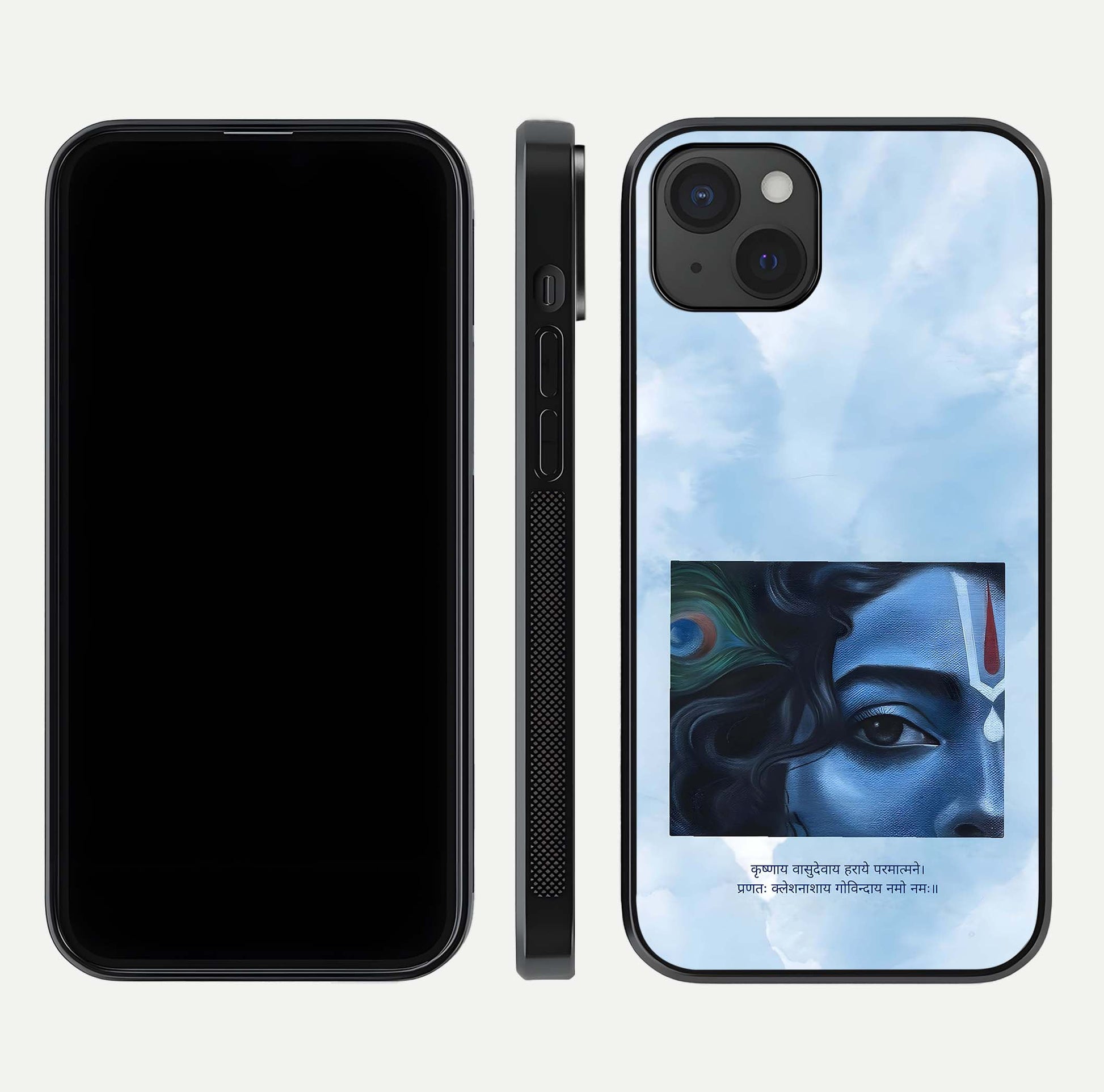 Spiritual Krishna Glass Case for iPhone 15 Plus front & back layout showing spiritual artwork and clean edge