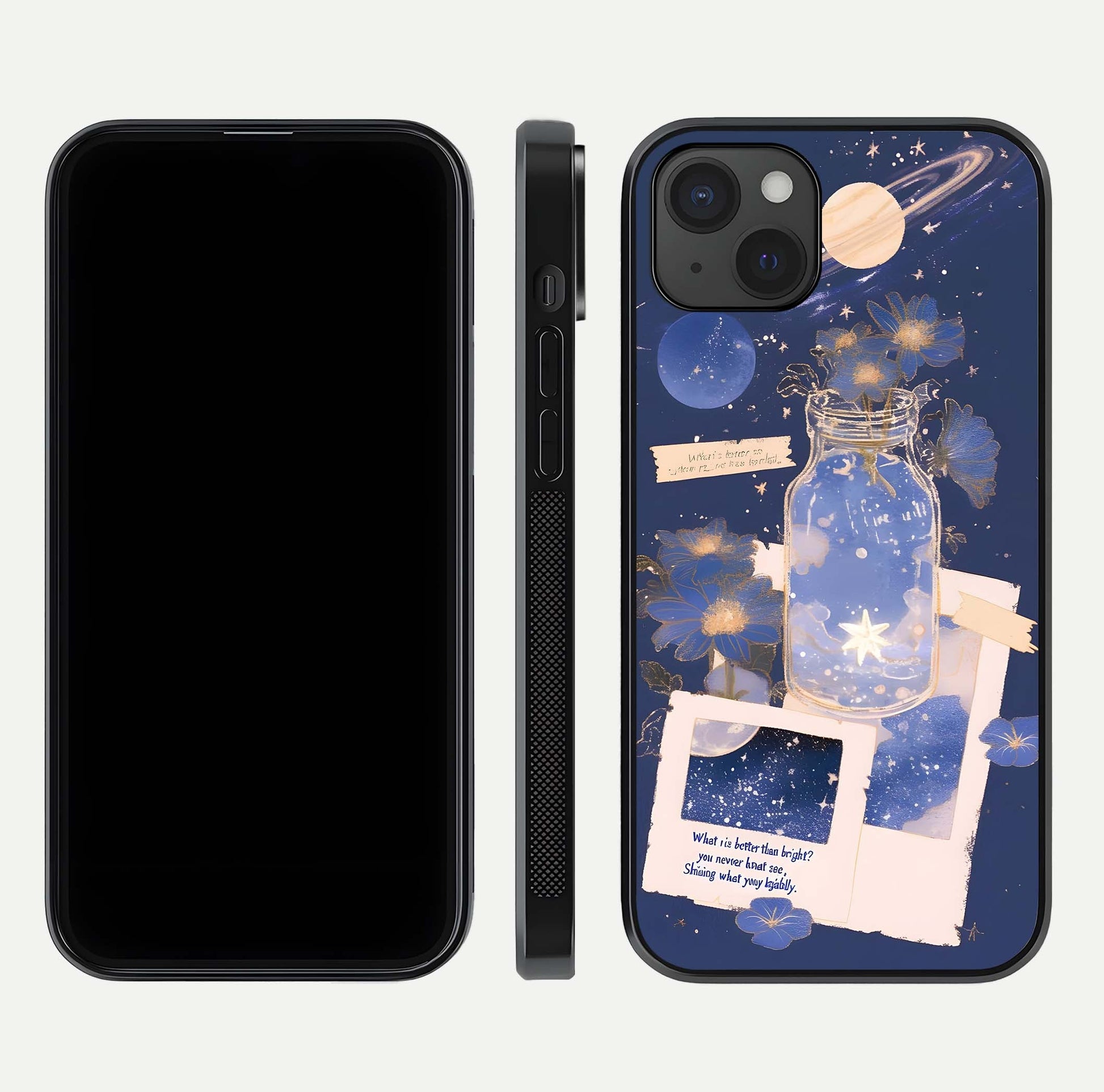 Starlit Cosmic Jar Glass Case for iPhone 15 Plus front & back layout showing cosmic pattern and curved glass edge