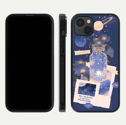 Starlit Cosmic Jar Glass Case for iPhone 15 Plus front & back layout showing cosmic pattern and curved glass edge