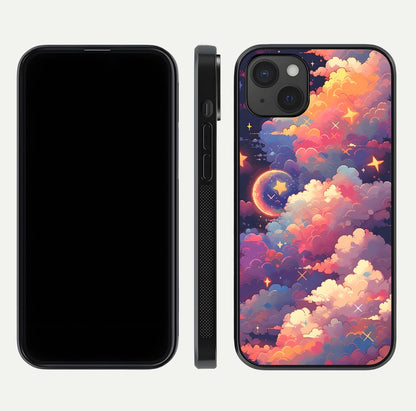 Starlit Dream Clouds Glass Case for iPhone 15 Plus front & back layout showing gradient tones and smooth edge