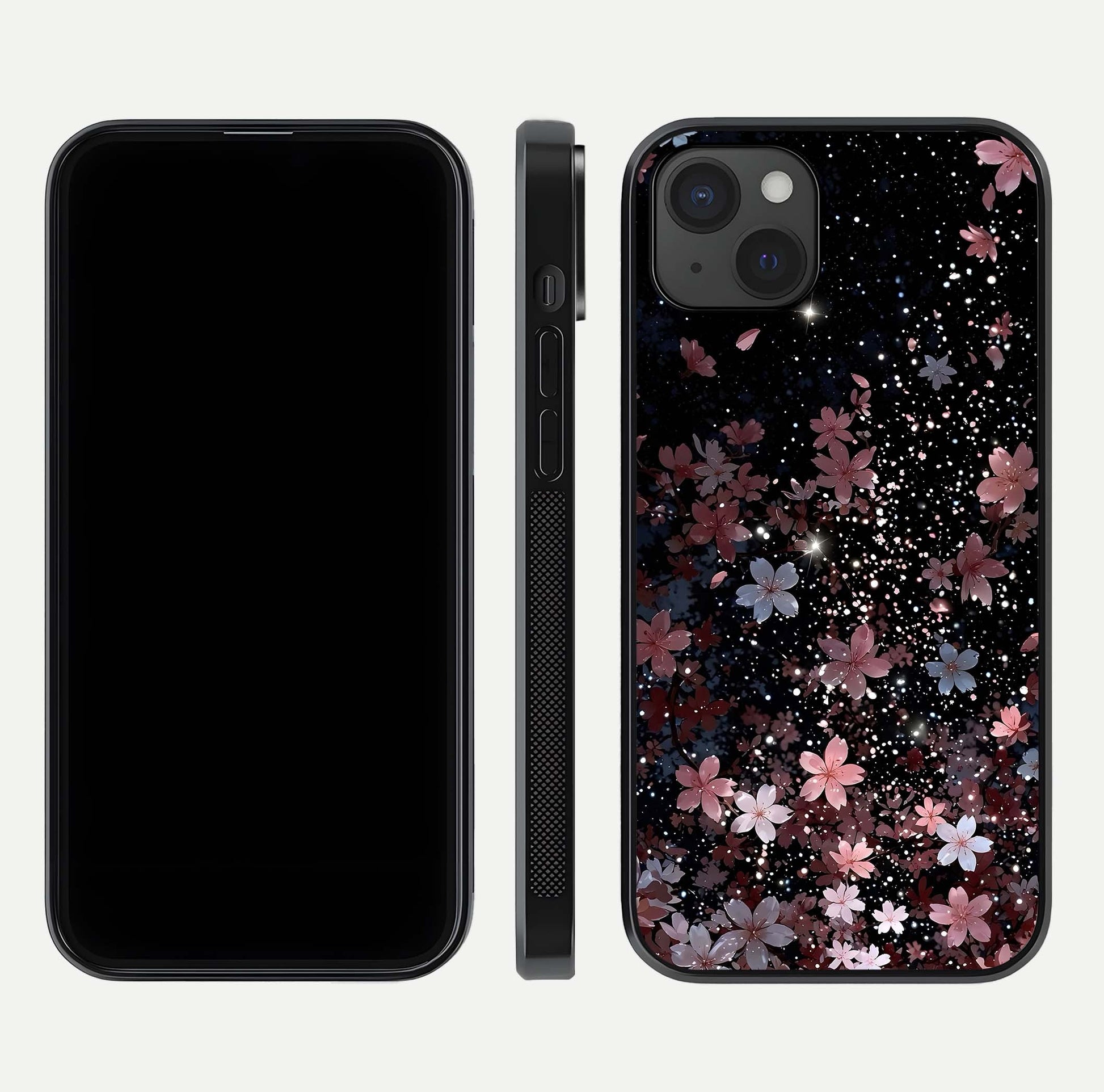Starlit Flower Dreams Glass Case for iPhone 15 Plus front & back layout showing soft bloom design and curved edge