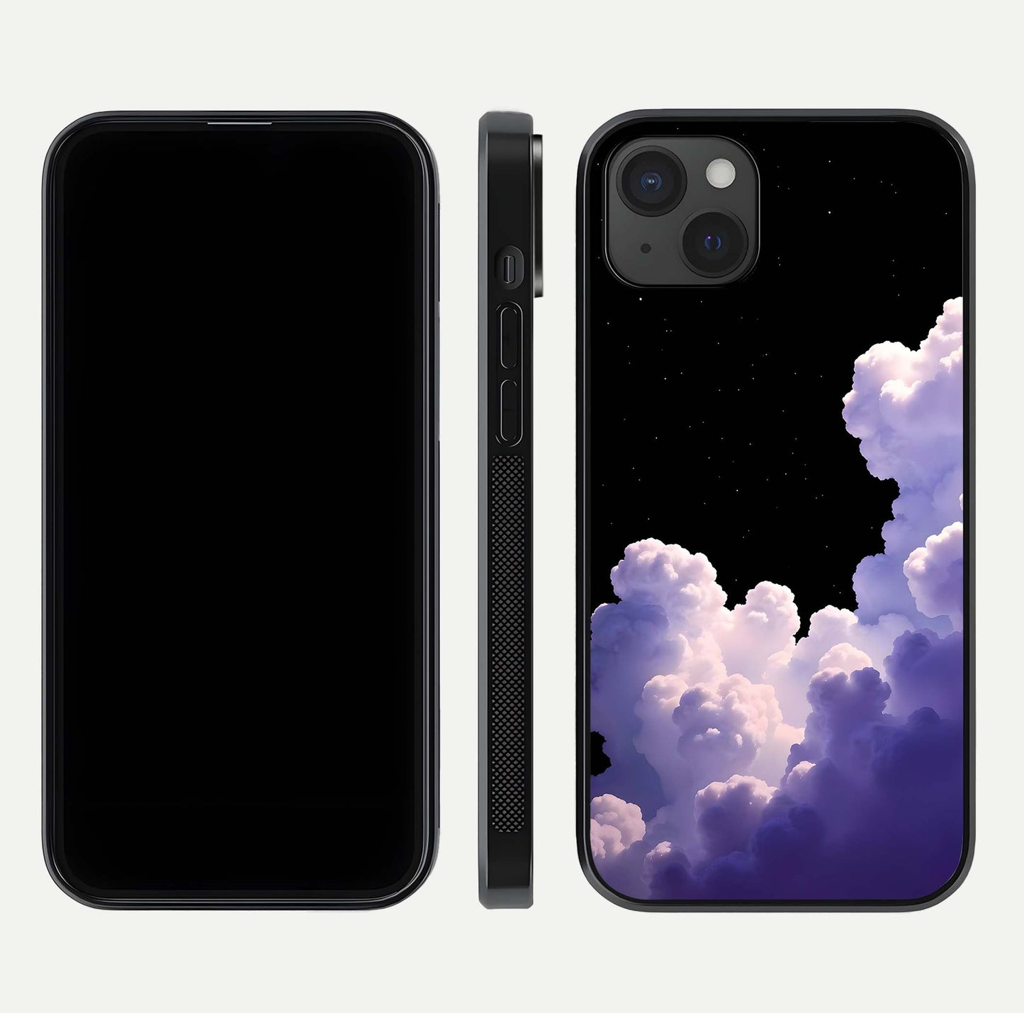 Starlit Night Whispers Glass Case for iPhone 15 Plus front & back layout showing moon tones and curved edges